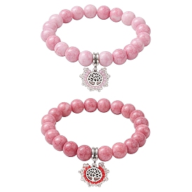 2Pcs 2 Colors 10.5mm Round Opaque Crackle Glass Beaded Stretch Bracelet Sets, Alloy Tree of Life Charm Bracelets