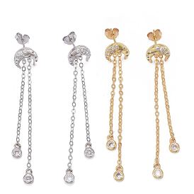 Brass Micro Pave Clear Cubic Zirconia Dangle Stud Earrings, with Cable Chains, Long-Lasting Plated, Moon