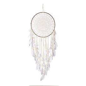 Handmade Round Cotton Woven Net/Web with Feather Wall Hanging Decoration, with Iron Rings, Flocking Cloth & Wooden Beads, for Home Offices Amulet Ornament
