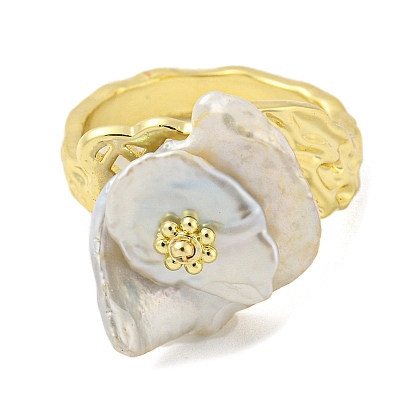 Natural Pearl Flower Open Cuff Ring, Brass Finger Ring