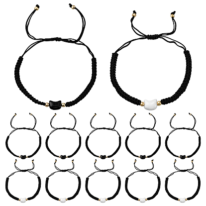 12шт. 2 цвета браслеты из искусственного жемчуга с плетеными бусинами для мужчин и женщин, кошка, с регулируемым хлопковым шнуром