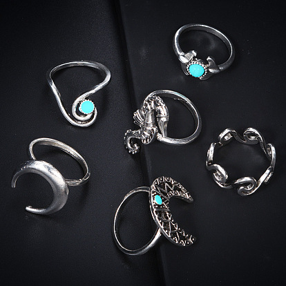 Jewelry joint ring exaggerated seahorse moon turquoise 6-piece ring set