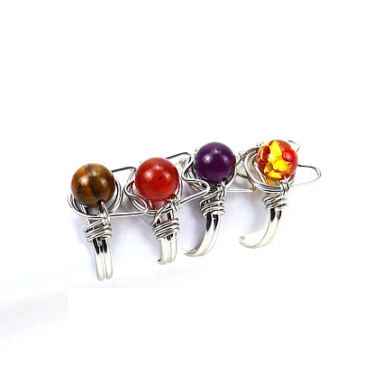 Natural Gemstone Round Bead Rings, Brass Wrapped Rabbit Rings, Adjustable Ring for Women