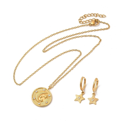 Серьга-кольцо со звездой и подвеской в виде луны с кристаллами и стразами, 304 комплект украшений из нержавеющей стали для женщин