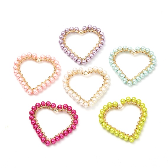 Baking Paint Pearlized Glass Pearl Round Pendants, with Brass Findings, Heart
