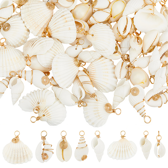 80Pcs 8 Styles Natural Mixed Shell Pendants, Shell Shape Charms with Copper Wire Wrapped, Golden
