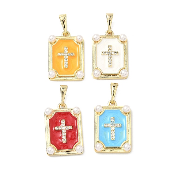 Латунные микро проложить кубического циркония подвески, с эмалью и жемчужинами из АБС-пластика, долговечный, стойки покрытие, без свинца и без кадмия, прямоугольник с поперечными прелести, реальный 18 k позолоченный