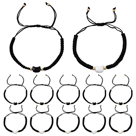 12шт. 2 цвета браслеты из искусственного жемчуга с плетеными бусинами для мужчин и женщин, кошка, с регулируемым хлопковым шнуром