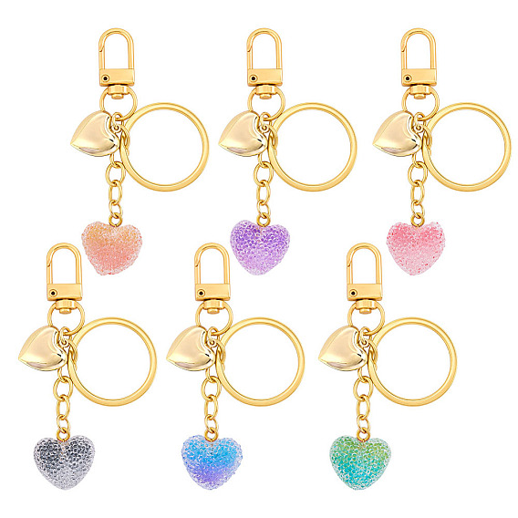 6Pcs 6 Colors Transparent Resin with 304 Stainless Steel Heart Pendant Keychain, with Alloy Split Key Rings and Swivel Clasps