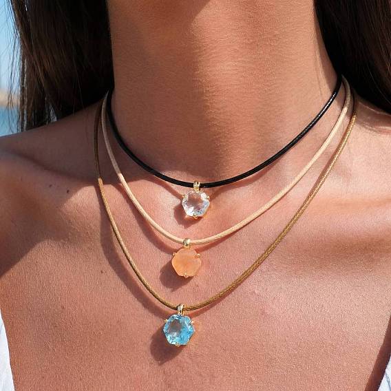 304 Шестиугольный кулон из нержавеющей стали и стекла, ожерелье на вощёном шнурке для женщин, золотые