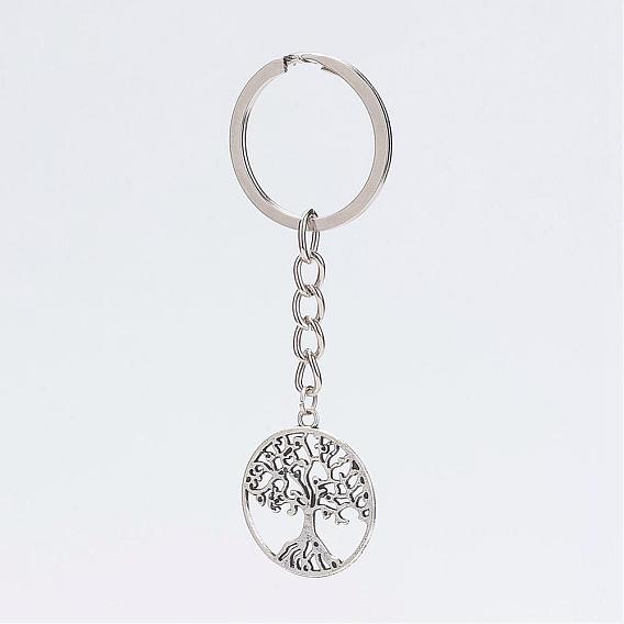 Alloy Pendant Keychain, with Iron Key Ring, Platinum and Antique Silver, Flat Round with Tree