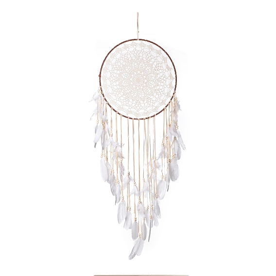 Handmade Round Cotton Woven Net/Web with Feather Wall Hanging Decoration, with Iron Rings, Flocking Cloth & Wooden Beads, for Home Offices Amulet Ornament