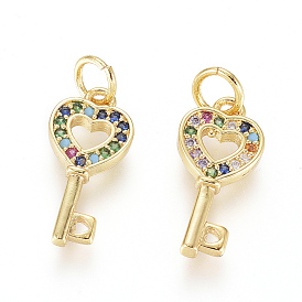 Brass Micro Pave Cubic Zirconia Pendants, with Jump Rings, Long-Lasting Plated, Heart Key, Colorful