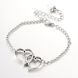 Heart to Heart Tibetan Style Alloy Link Anklets, with Iron Chains and Alloy Lobster Claw Clasps, 225x3mm