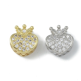 Rack Plating Brass Micro Pave Clear Cubic Zirconia Beads, Long-Lasting Plated, Lead Free & Cadmium Free, Heart