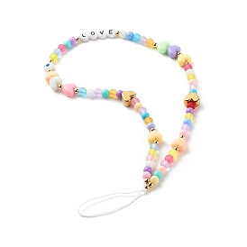 Acrylic Beads Mobile Straps, with CCB Plastic Beads, Brass Beads, Nylon Thread, Round & Heart & Flat Round with Word LOVE
