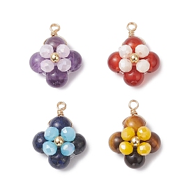 4 шт. 4 стили подвески из натурального аметиста, тигрового глаза, лазурита и сердолика, обвитые медной проволокой, , золотые, смешанные окрашенные и неокрашенные