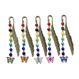 Butterfly Alloy Enamel Pendant Bookmark with Chakra Gemstone Bead, Alloy Feather Bookmarks