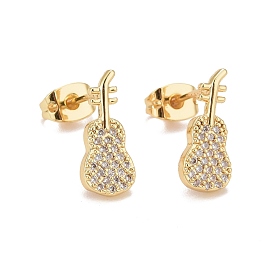 Clear Cubic Zirconia Violin Stud Earrings, Real 18K Gold Plated Brass Jewelry for Women, Cadmium Free & Lead Free