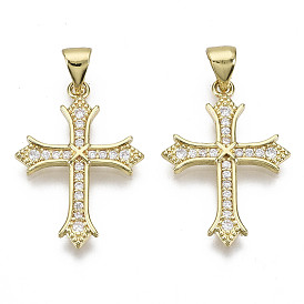 Brass Micro Pave Clear Cubic Zirconia Pendants, with Brass Snap on Bails, Nickel Free, Cross