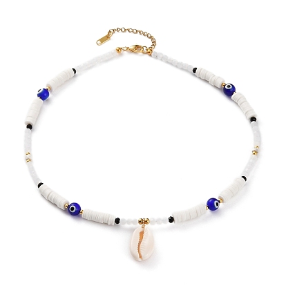 Natural Cowrie Shell Pendant Necklaces, with Polymer Clay Heishi Beads, Evil Eye Lampwork Beads, Natural Howlite Beads, Glass Beads and 304 Stainless Steel Lobster Claw Clasps, Golden