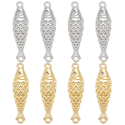 8 pièces 2 couleurs laiton micro-pavé zircon cubique transparent connecteur poisson breloques, plaqué longue durée, crémaillère plaquage, sans plomb et sans cadmium, placage ionique (ip)