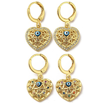Real 18K Gold Plated Brass Dangle Leverback Earrings, with Enamel and Cubic Zirconia, Heart with Evil Eye