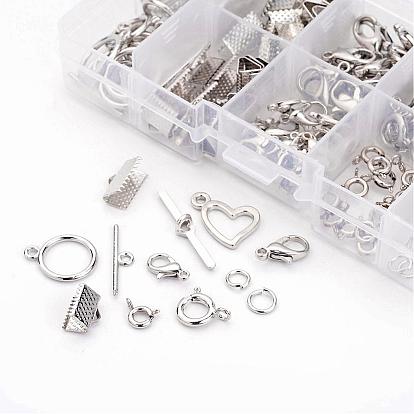 1 Box Mixed Jewelry Findings, 40PCS Alloy Lobster Claw Clasps and Brass Spring Ring Clasps, 20Sets Alloy Toggle Clasps, 30PCS Iron Ribbon Ends and 10g Brass Jump Rings