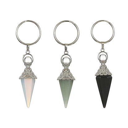 Cone Pendulum Natural & Synthetic Mixed Gemstone Keychain, with Iron Split Key Rings