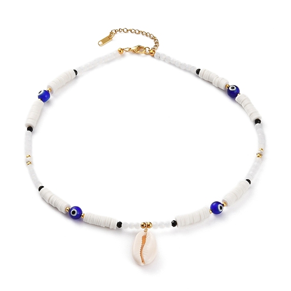 Natural Cowrie Shell Pendant Necklaces, with Polymer Clay Heishi Beads, Evil Eye Lampwork Beads, Natural Howlite Beads, Glass Beads and 304 Stainless Steel Lobster Claw Clasps, Golden