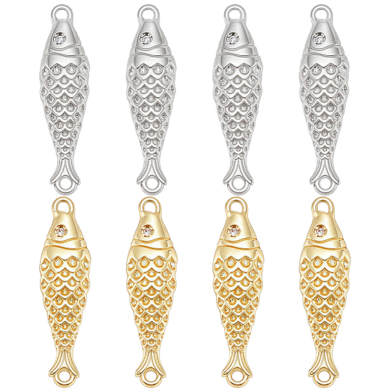 8 pièces 2 couleurs laiton micro-pavé zircon cubique transparent connecteur poisson breloques, plaqué longue durée, crémaillère plaquage, sans plomb et sans cadmium, placage ionique (ip)