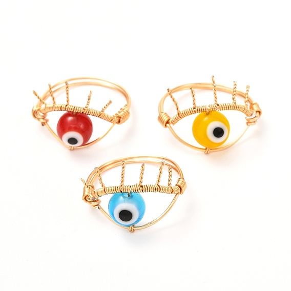 Copper Wire Wrapped Handmade Lampwork Finger Rings for Women, Evil Eye, Real 18K Gold Plated