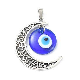 Alloy Moon Pendants, with Lampwork Evil Eye