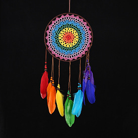 Indian Style Woven Net/Web with Feather Pendant Decoration, Flat Round