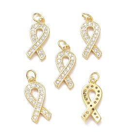 Brass Micro Pave Clear Cubic Zirconia Pendants, with Jump Ring, Long-Lasting Plated, Awareness Ribbon Shape