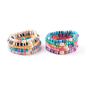 Ensembles de bracelets extensibles en perles heishi en pâte polymère, avec des perles de perles naturelles et des perles en laiton, or