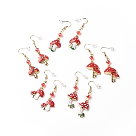 Red Alloy Enamel Mushroom with Glass Beaded Dangle Earrings, Brass Jewelry for Women