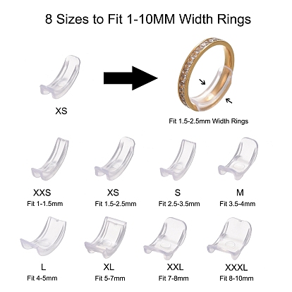 Fábrica de China 8 piezas 8 tamaños ajustador de tamaño de anillo invisible  de plástico, encajar anillos de 1~10 mm de ancho 18~20x4~11.5x3 mm, 8 PC /  sistema a granel en línea 