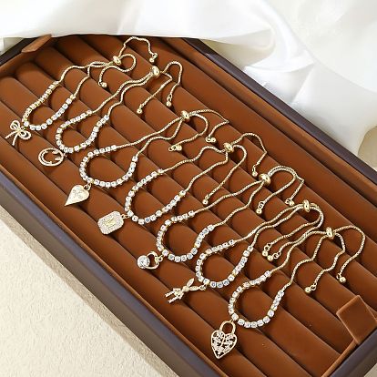 Прозрачный браслет-слайдер из кубического циркония, браслеты с подвесками из золотой латуни