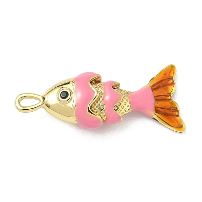 Fish Brass Micro Pave Cubic Zirconia Pendants, Enamel Style, Long-Lasting Plated, Cadmium Free & Lead Free, Real 18K Gold Plated