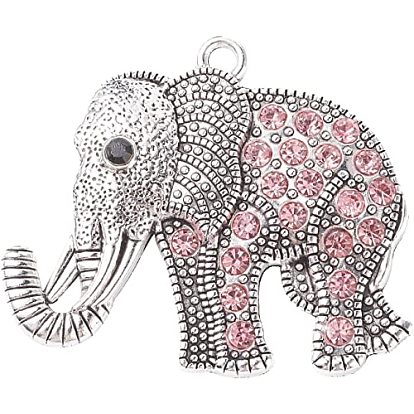 2 шт. большие подвески из сплава в тибетском стиле со стразами, Слон прелести, античное серебро