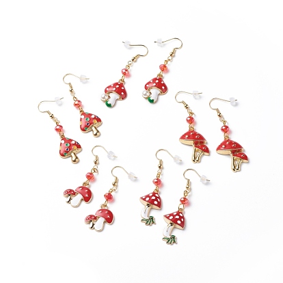 Red Alloy Enamel Mushroom with Glass Beaded Dangle Earrings, Brass Jewelry for Women