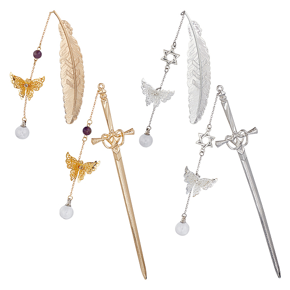 4 закладки из сплава шт., бабочка, с подвеской из железа, стекла и натурального аметиста