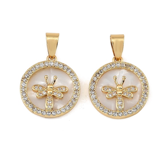 Brass Micro Pave Clear Cubic Zirconia Pendants, with White Acrylic, Flat Round with Dragonfly Charms