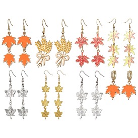 8 Pairs 8 Styles Maple Leaf Alloy Enamel Dangle Earrings, with Brass Cable Chains & Huggie Hoop Earring Findings, 304 Stainless Steel Earring Hooks