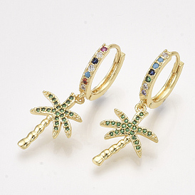 Brass Cubic Zirconia Hoop Earrings, Dangle Earrings, Coconut Tree