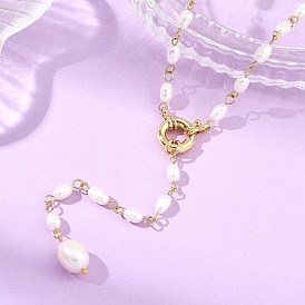 Adjustable 304 Stainless Steel Natural Pearl Rice Link Chain Lariat Y Tassel Necklaces for Women, Golden