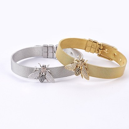 Unisex 304 Stainless Steel Watch Band Wristband Bracelets, with Brass Micro Pave Cubic Zirconia Slider Charms, Bee