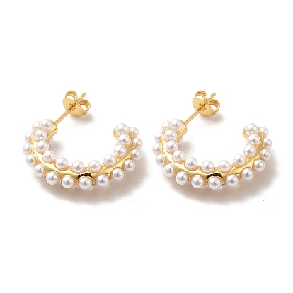 ABS Pearl Beaded C-shape Stud Earrings, Real 18K Gold Plated Brass Half Hoop Earrings for Women