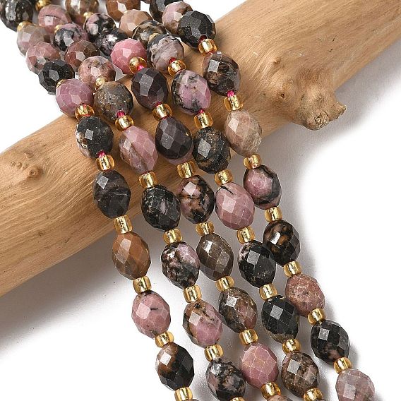 Природные родонит бисер нитей, граненые, рис, с бисером